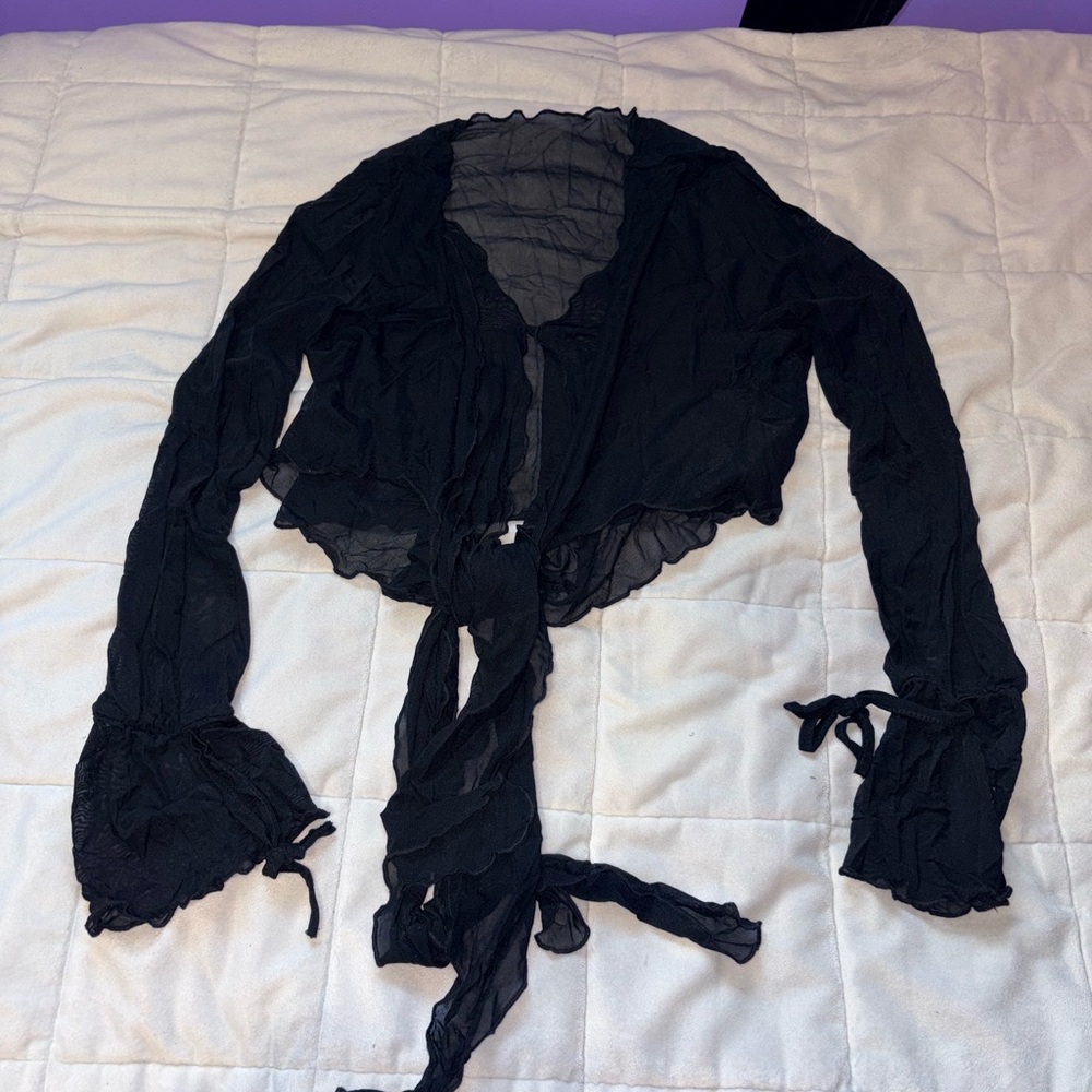 Black Sheer Tie-Front Blouse with Flounce Sleeves
